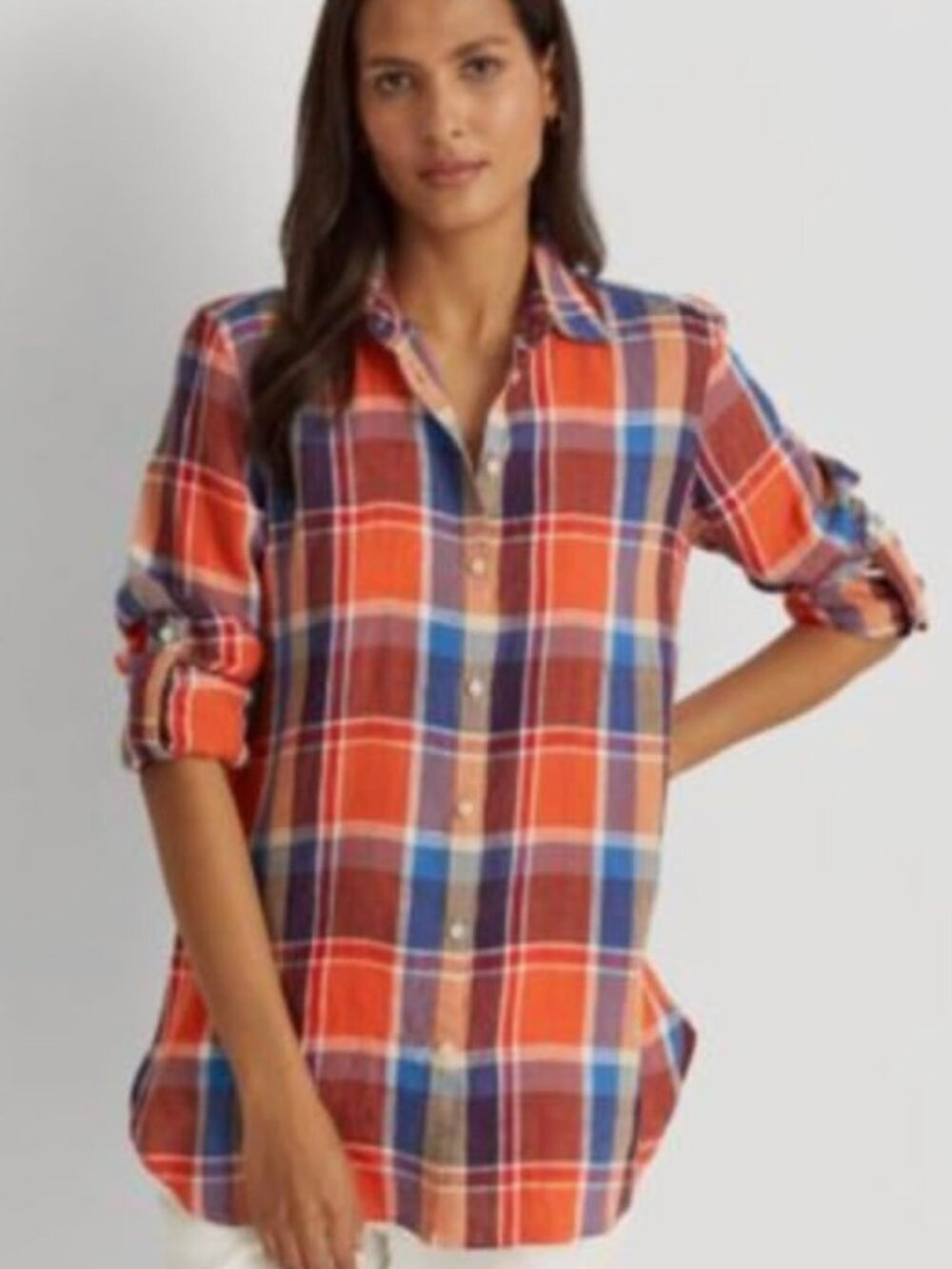 Polo Ralph Lauren Linen Plaid Button-Up Blouse, Roll-Tab Sleeves Size M